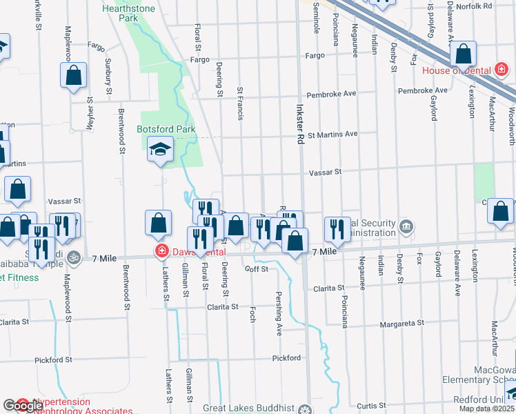 map of restaurants, bars, coffee shops, grocery stores, and more near 19215 Antago Street in Livonia