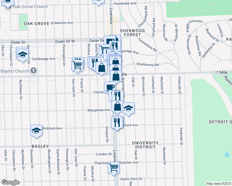 map of restaurants, bars, coffee shops, grocery stores, and more near 18665 Warrington Drive in Detroit