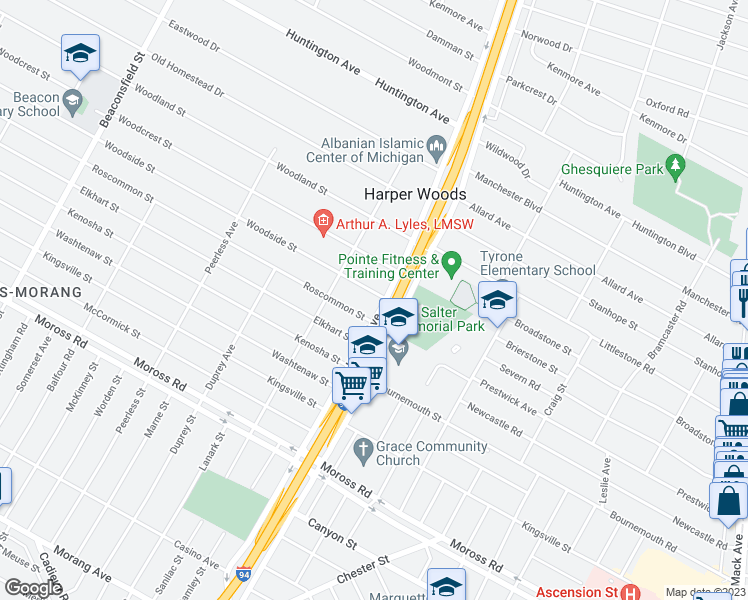 map of restaurants, bars, coffee shops, grocery stores, and more near 20692 Woodside Street in Harper Woods