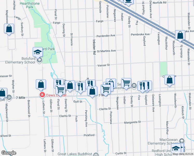 map of restaurants, bars, coffee shops, grocery stores, and more near 19312 Inkster Road in Redford Charter Township