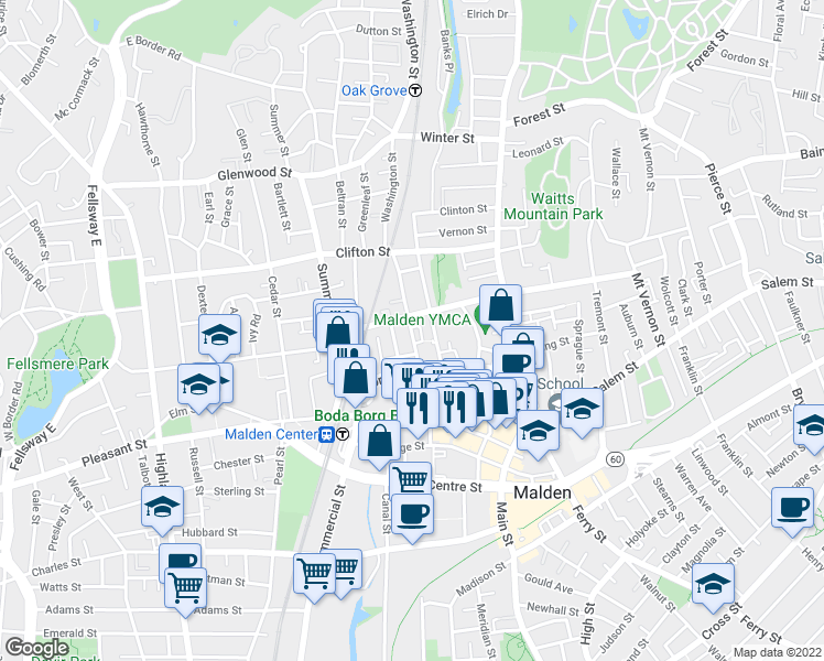 map of restaurants, bars, coffee shops, grocery stores, and more near 77 Washington Street in Malden