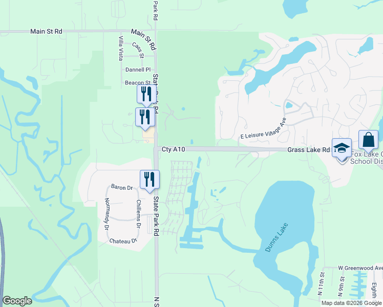 map of restaurants, bars, coffee shops, grocery stores, and more near 28600 West Grass Lake Road in Spring Grove