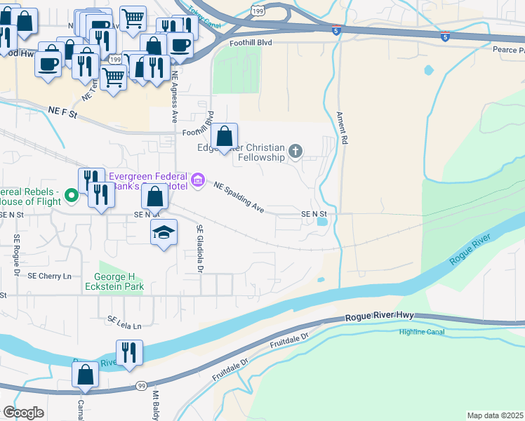 map of restaurants, bars, coffee shops, grocery stores, and more near Northeast Spalding Avenue in Grants Pass