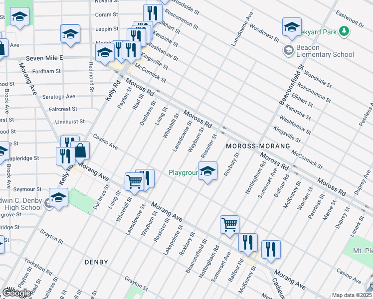 map of restaurants, bars, coffee shops, grocery stores, and more near 12141 Wayburn Street in Detroit