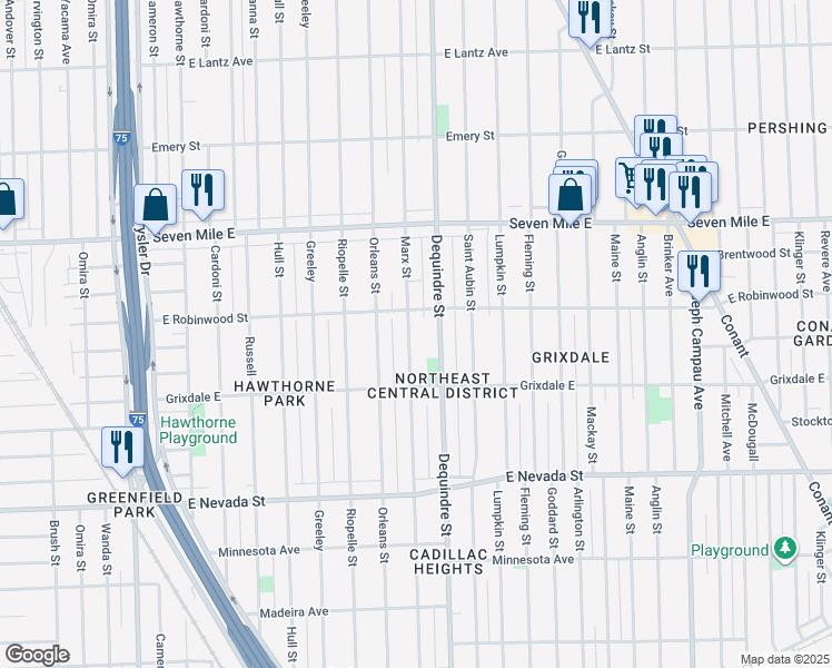 map of restaurants, bars, coffee shops, grocery stores, and more near 18800 Marx Street in Highland Park