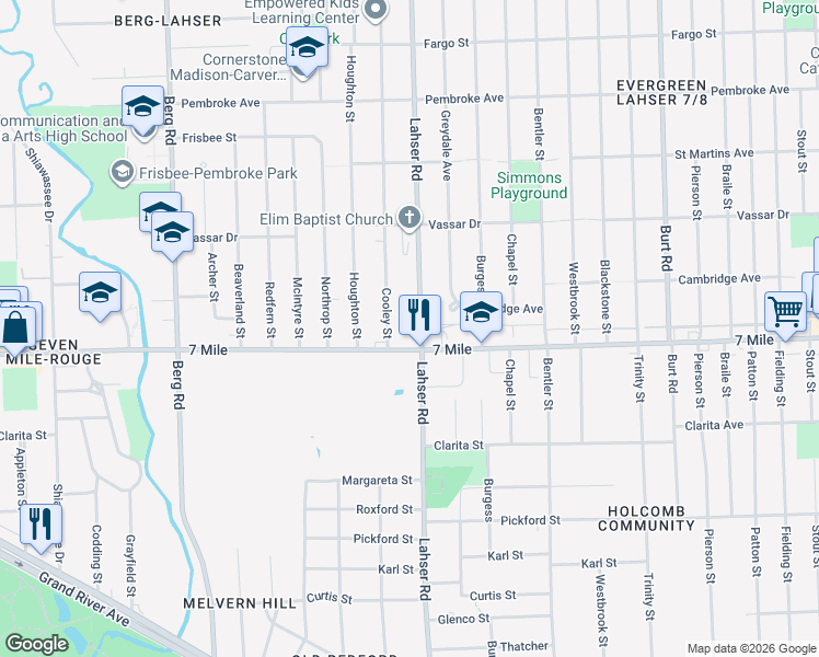 map of restaurants, bars, coffee shops, grocery stores, and more near 19199 Lahser Road in Detroit