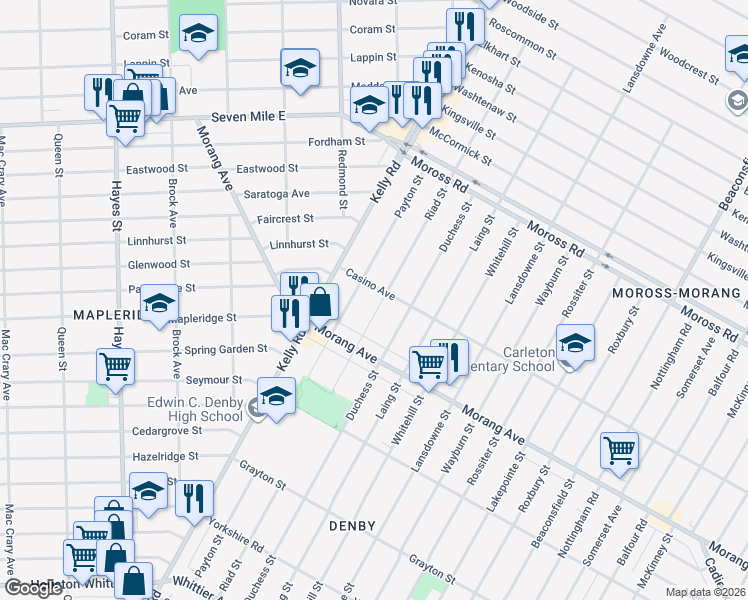 map of restaurants, bars, coffee shops, grocery stores, and more near 12708 Payton Street in Detroit