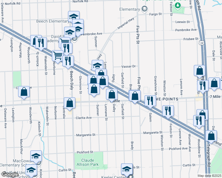 map of restaurants, bars, coffee shops, grocery stores, and more near 25295 Grand River Avenue in Redford Charter Township