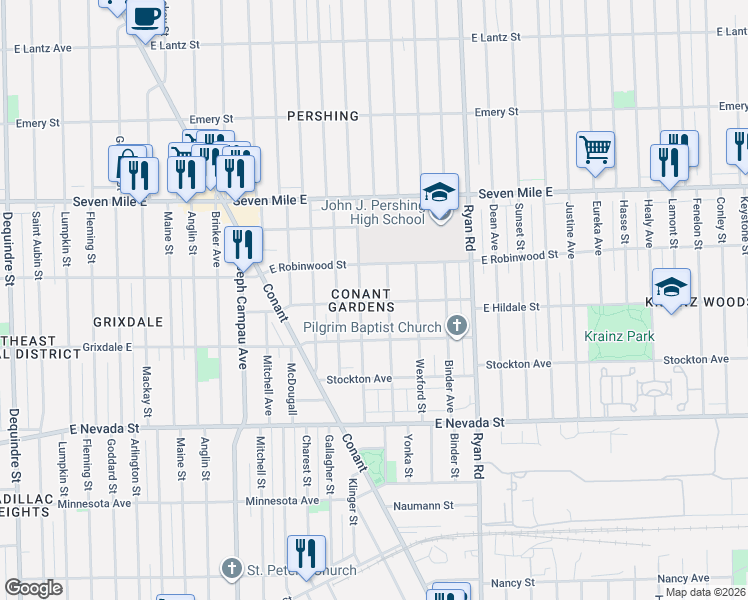 map of restaurants, bars, coffee shops, grocery stores, and more near in Detroit