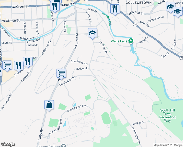 map of restaurants, bars, coffee shops, grocery stores, and more near 720 Hudson Street in Ithaca