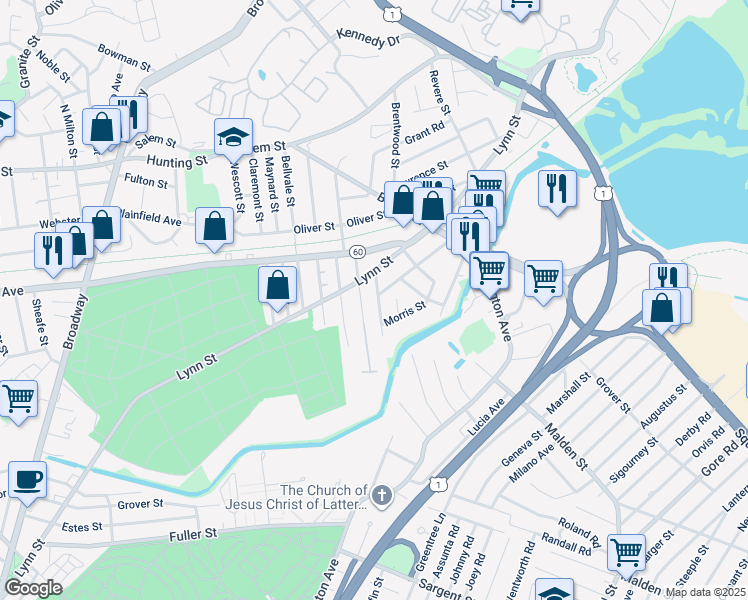 map of restaurants, bars, coffee shops, grocery stores, and more near 5 Blaine Street in Malden