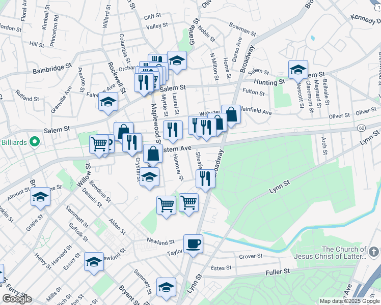 map of restaurants, bars, coffee shops, grocery stores, and more near 970 Eastern Avenue in Malden