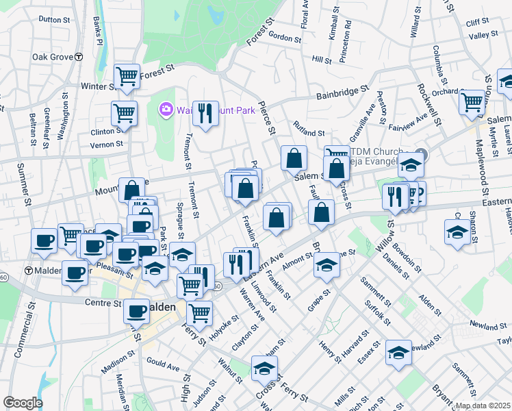 map of restaurants, bars, coffee shops, grocery stores, and more near 230 Salem Street in Malden