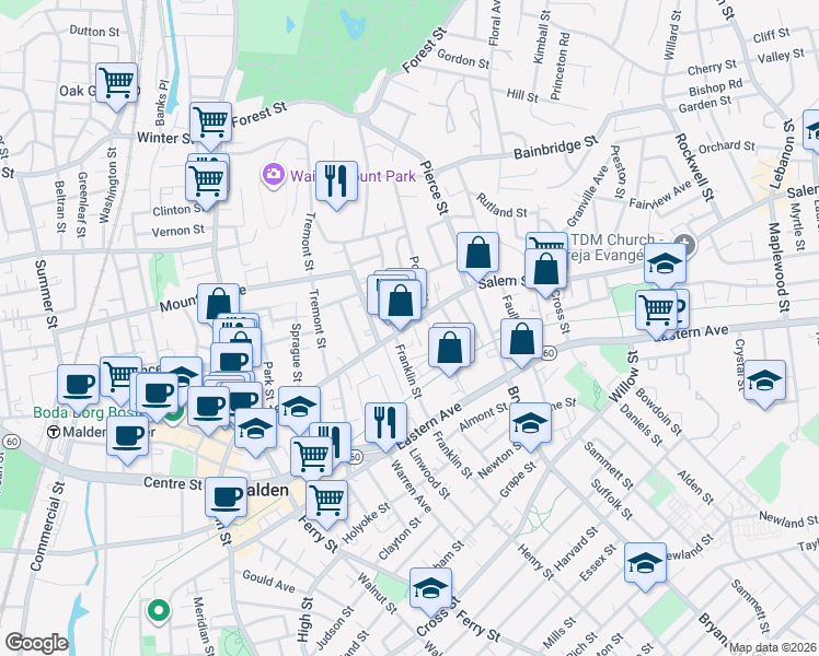 map of restaurants, bars, coffee shops, grocery stores, and more near 23-25 Wolcott Street in Malden