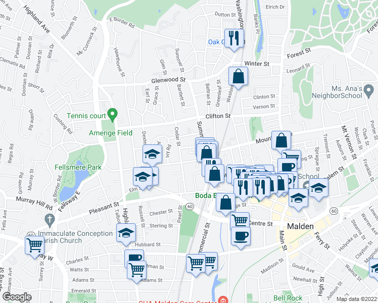 map of restaurants, bars, coffee shops, grocery stores, and more near 32 Rockland Avenue in Malden