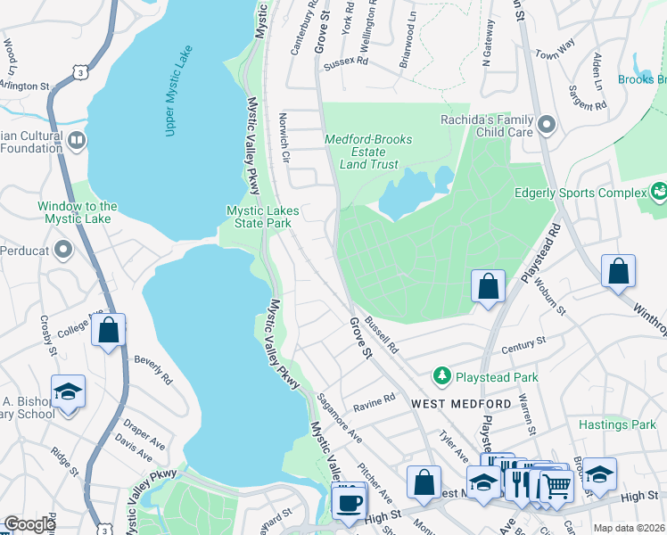 map of restaurants, bars, coffee shops, grocery stores, and more near 250 Grove Street in Medford