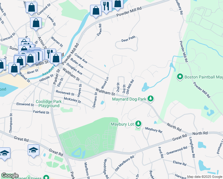 map of restaurants, bars, coffee shops, grocery stores, and more near 13 Wood Lane in Maynard