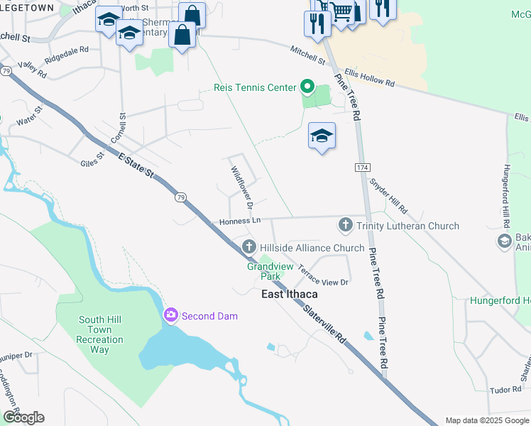 map of restaurants, bars, coffee shops, grocery stores, and more near 126 Honness Lane in Ithaca