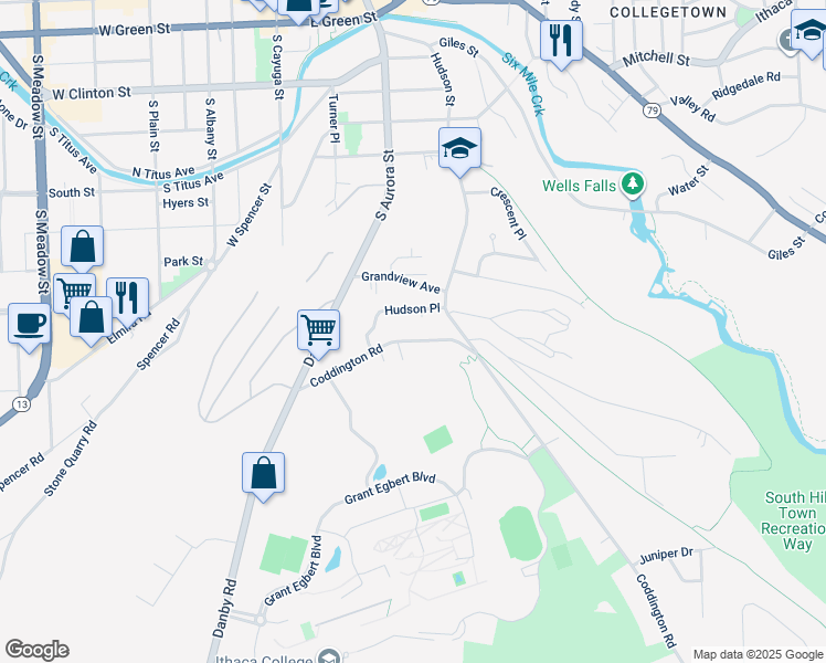 map of restaurants, bars, coffee shops, grocery stores, and more near 9 Hudson Place in Ithaca