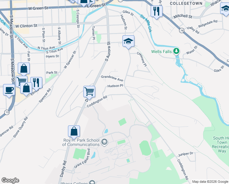 map of restaurants, bars, coffee shops, grocery stores, and more near 9 Hudson Place in Ithaca