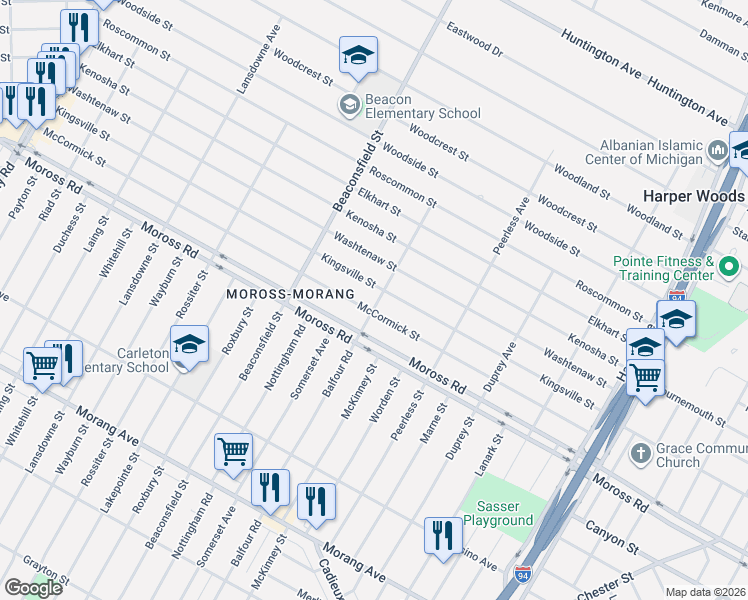 map of restaurants, bars, coffee shops, grocery stores, and more near 19733 Kingsville Street in Harper Woods