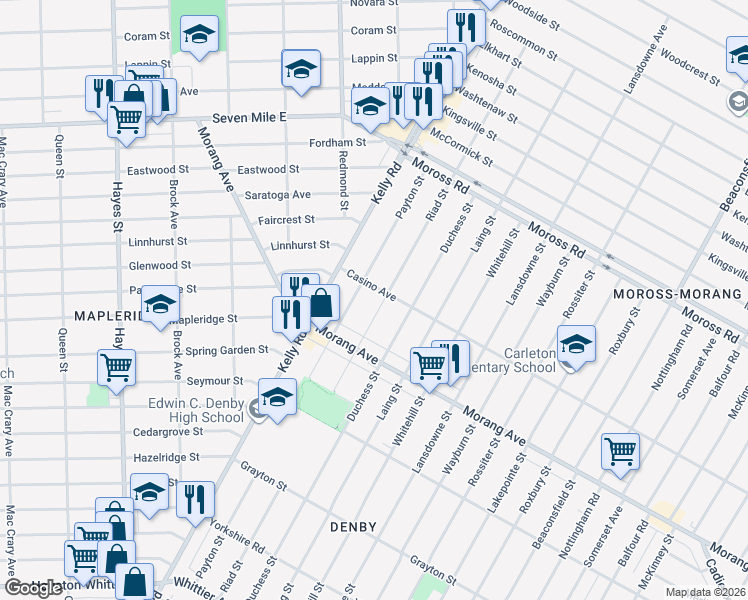 map of restaurants, bars, coffee shops, grocery stores, and more near 12708 Payton Street in Detroit