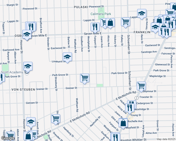 map of restaurants, bars, coffee shops, grocery stores, and more near 18480 Westphalia Street in Detroit