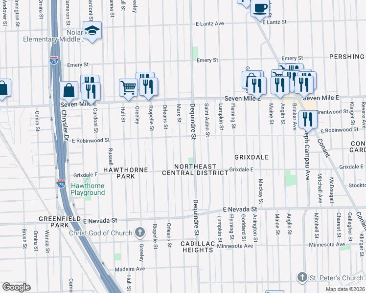 map of restaurants, bars, coffee shops, grocery stores, and more near 18800 Marx Street in Highland Park