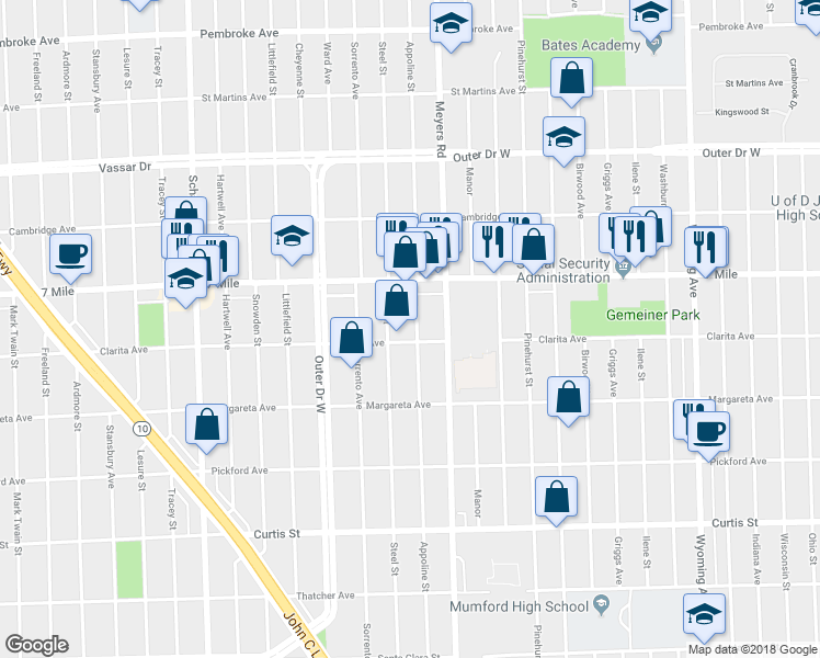 map of restaurants, bars, coffee shops, grocery stores, and more near 18975 Appoline Avenue in Detroit