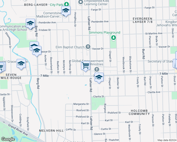 map of restaurants, bars, coffee shops, grocery stores, and more near 19199 Lahser Road in Detroit