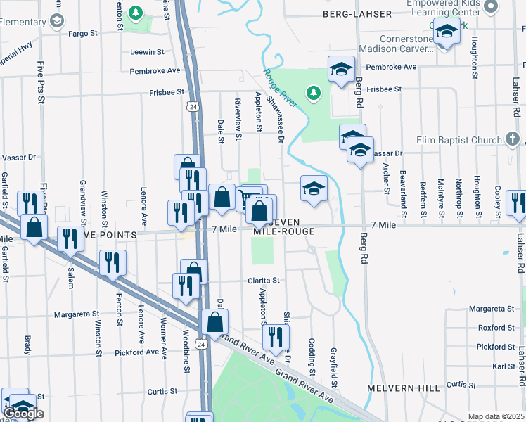 map of restaurants, bars, coffee shops, grocery stores, and more near 19209 Appleton Street in Detroit