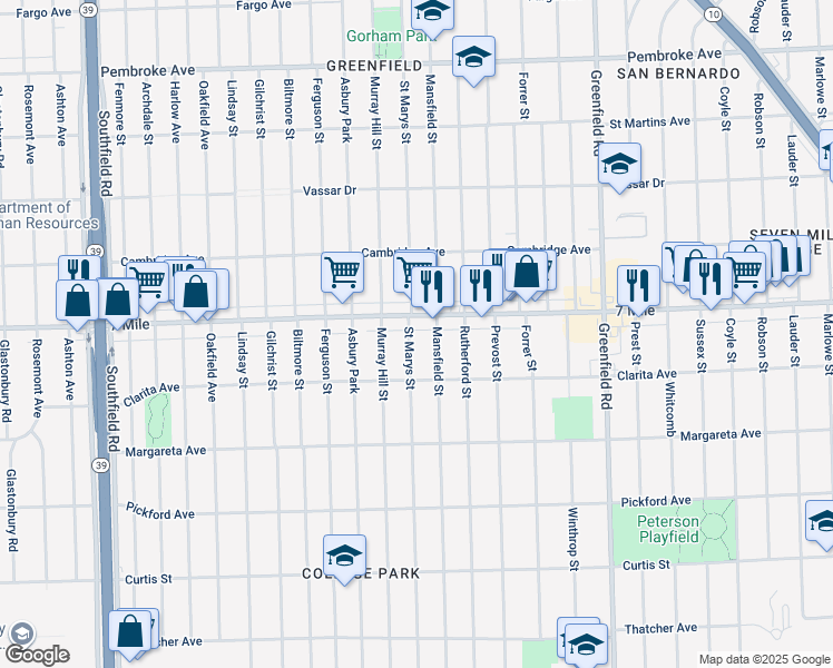 map of restaurants, bars, coffee shops, grocery stores, and more near 18994 Saint Marys Street in Detroit