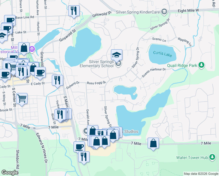 map of restaurants, bars, coffee shops, grocery stores, and more near 42948 Richards Court in Northville