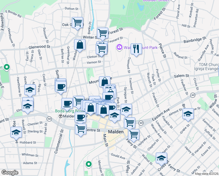 map of restaurants, bars, coffee shops, grocery stores, and more near 12 Concord Street in Malden