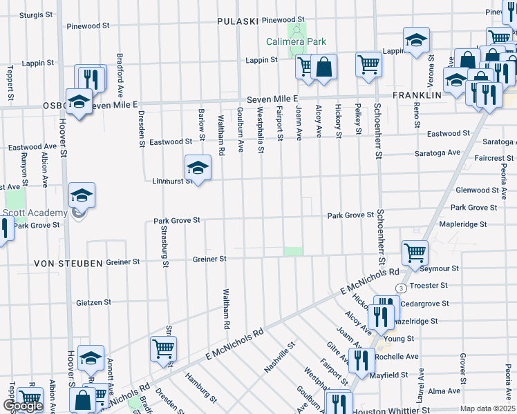 map of restaurants, bars, coffee shops, grocery stores, and more near 18480 Westphalia Street in Detroit