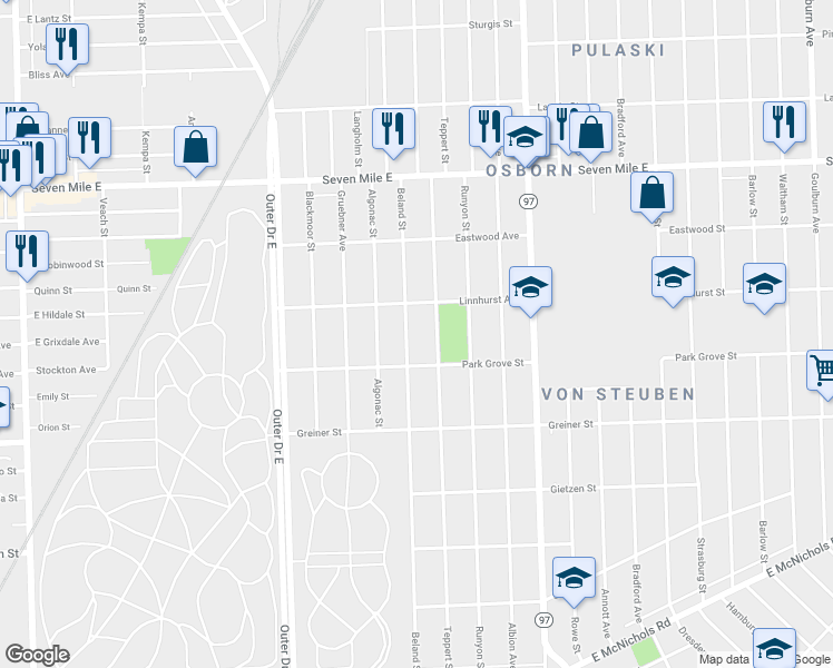 map of restaurants, bars, coffee shops, grocery stores, and more near 18460 Beland Street in Detroit
