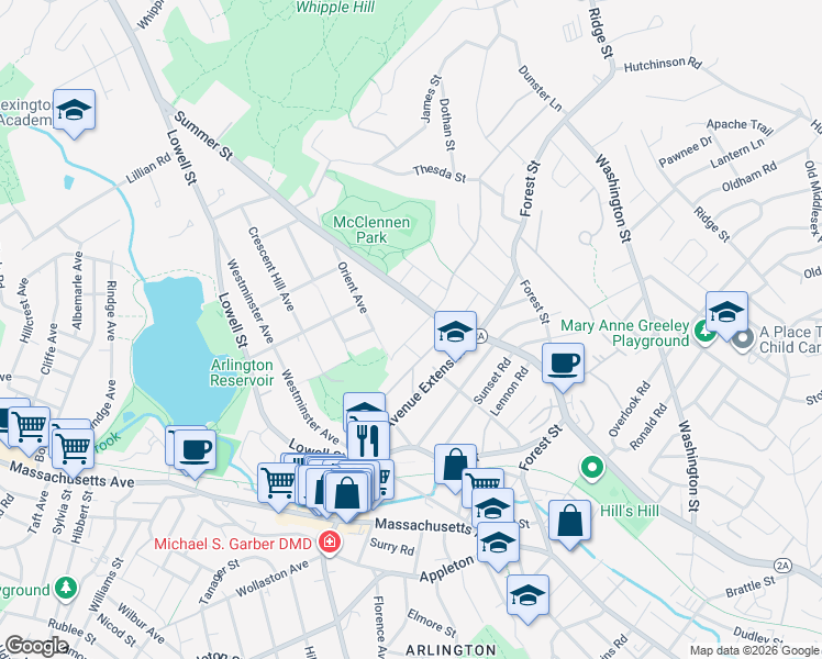 map of restaurants, bars, coffee shops, grocery stores, and more near 66 Summit Street in Arlington