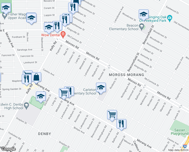 map of restaurants, bars, coffee shops, grocery stores, and more near 12164 Wayburn Street in Detroit
