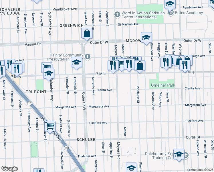 map of restaurants, bars, coffee shops, grocery stores, and more near 18925 Appoline Street in Detroit