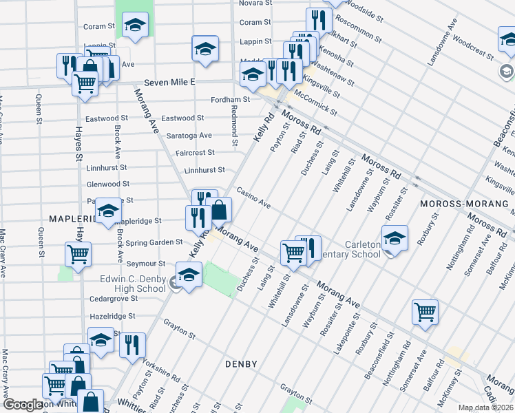 map of restaurants, bars, coffee shops, grocery stores, and more near 12708 Payton Street in Detroit