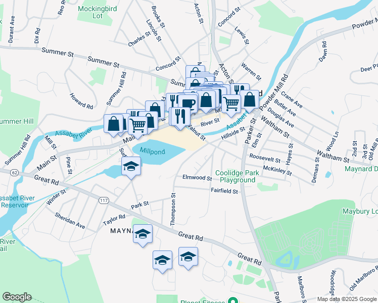 map of restaurants, bars, coffee shops, grocery stores, and more near 12 Walnut Street in Maynard