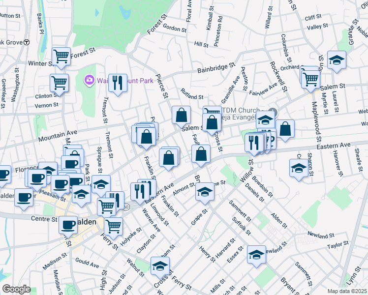 map of restaurants, bars, coffee shops, grocery stores, and more near 8 Harding Avenue in Malden
