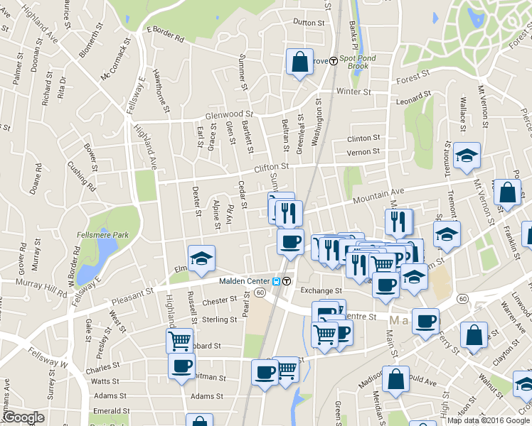 map of restaurants, bars, coffee shops, grocery stores, and more near 110 Summer Street in Malden