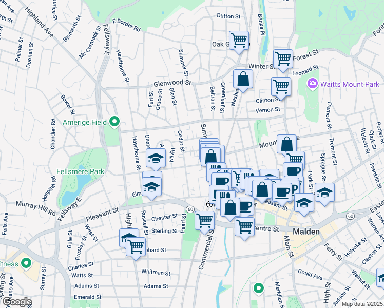 map of restaurants, bars, coffee shops, grocery stores, and more near 32 Rockland Avenue in Malden