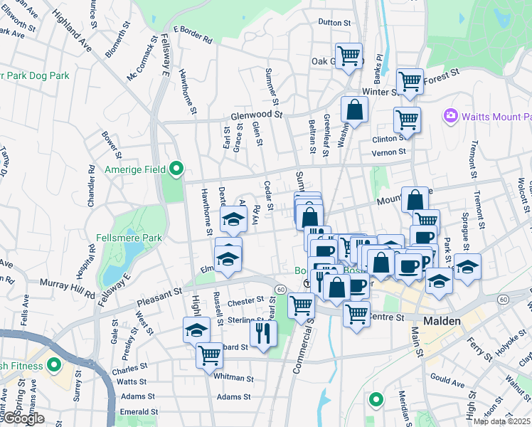 map of restaurants, bars, coffee shops, grocery stores, and more near 44 Rockland Avenue in Malden