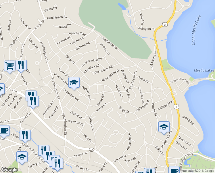 map of restaurants, bars, coffee shops, grocery stores, and more near 64 Morningside Drive in Arlington