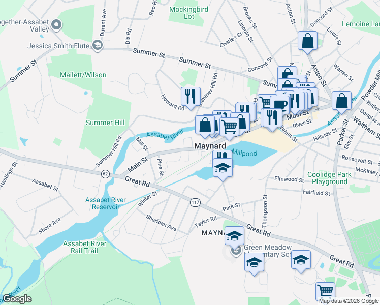 map of restaurants, bars, coffee shops, grocery stores, and more near 195 Main Street in Maynard