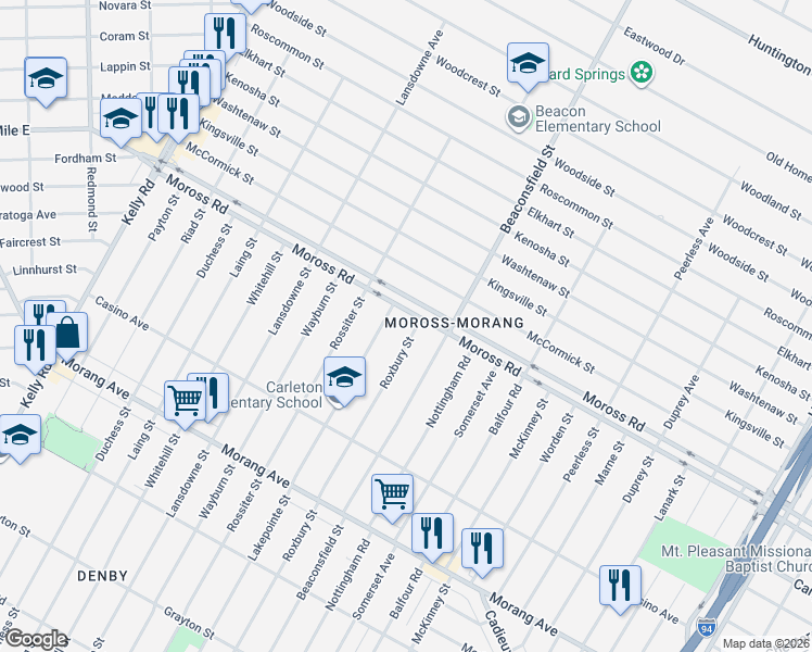 map of restaurants, bars, coffee shops, grocery stores, and more near 19346 Moross Road in Detroit