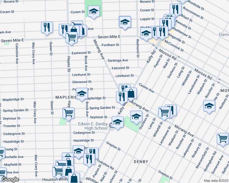 map of restaurants, bars, coffee shops, grocery stores, and more near 18411 Morang Avenue in Detroit