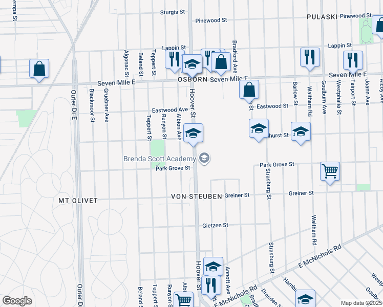 map of restaurants, bars, coffee shops, grocery stores, and more near 18493 Hoover Street in Detroit